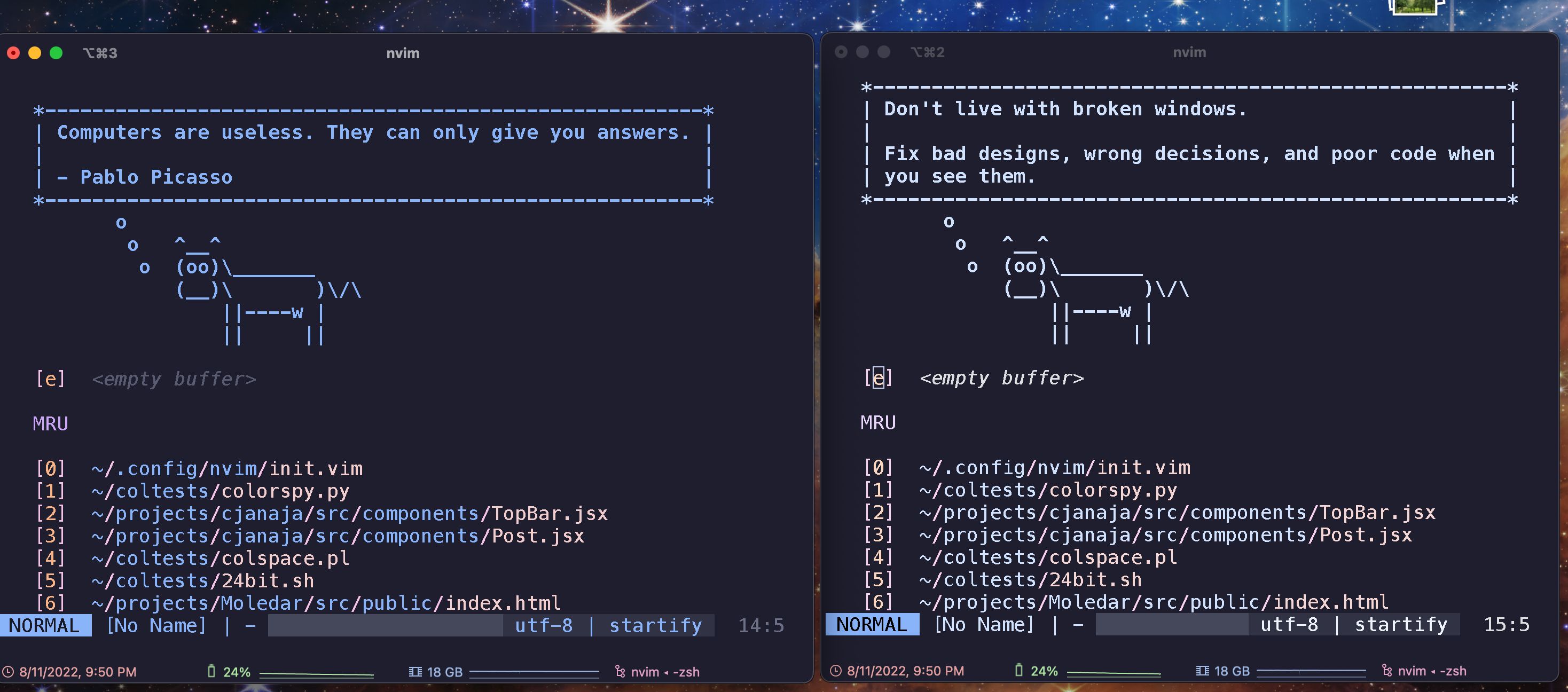 two iterm window next to each other, the window on the right has very desaturated text colors