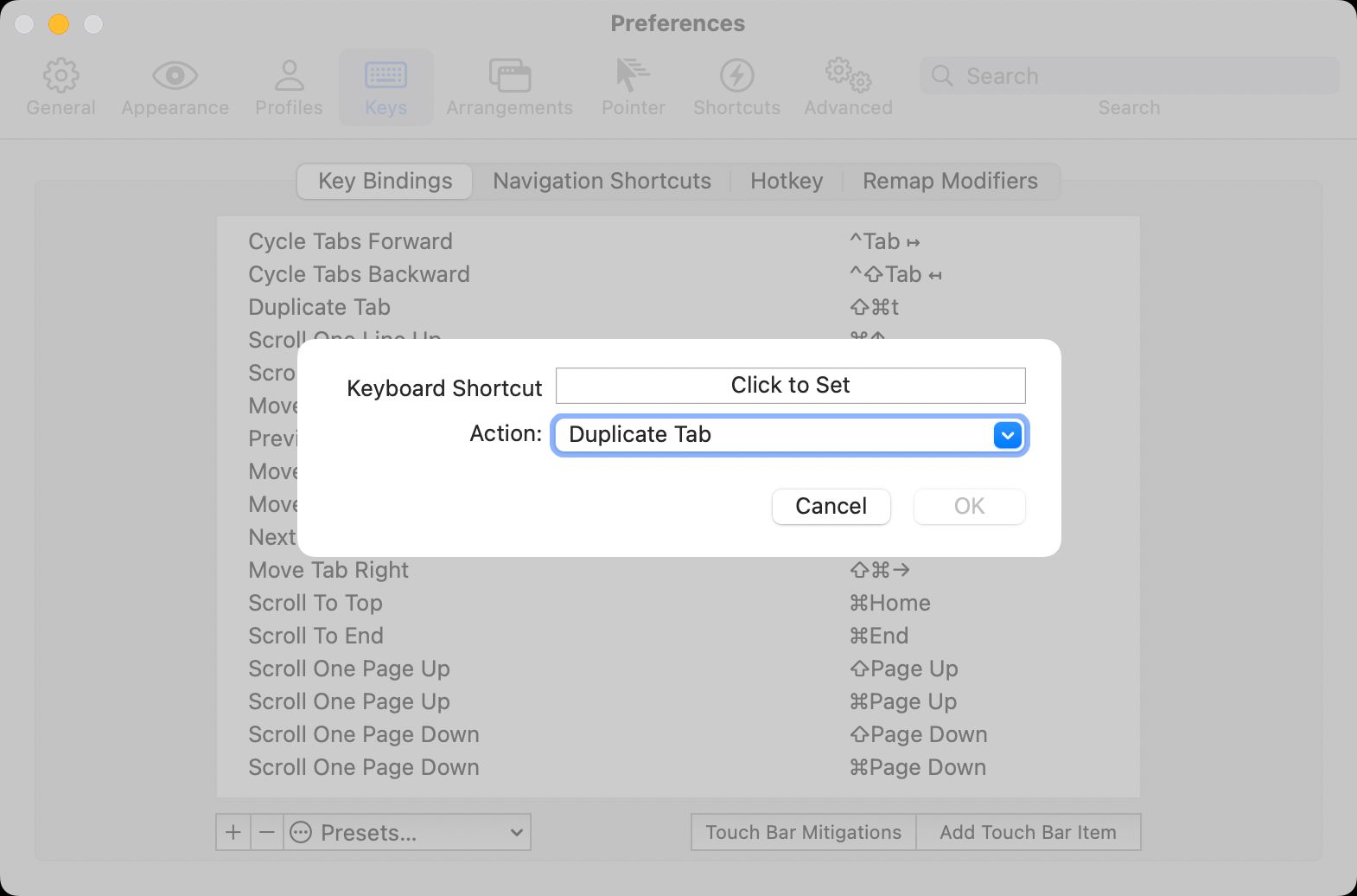 iTerm2 keybinding page, with a window that displays a bind target of 