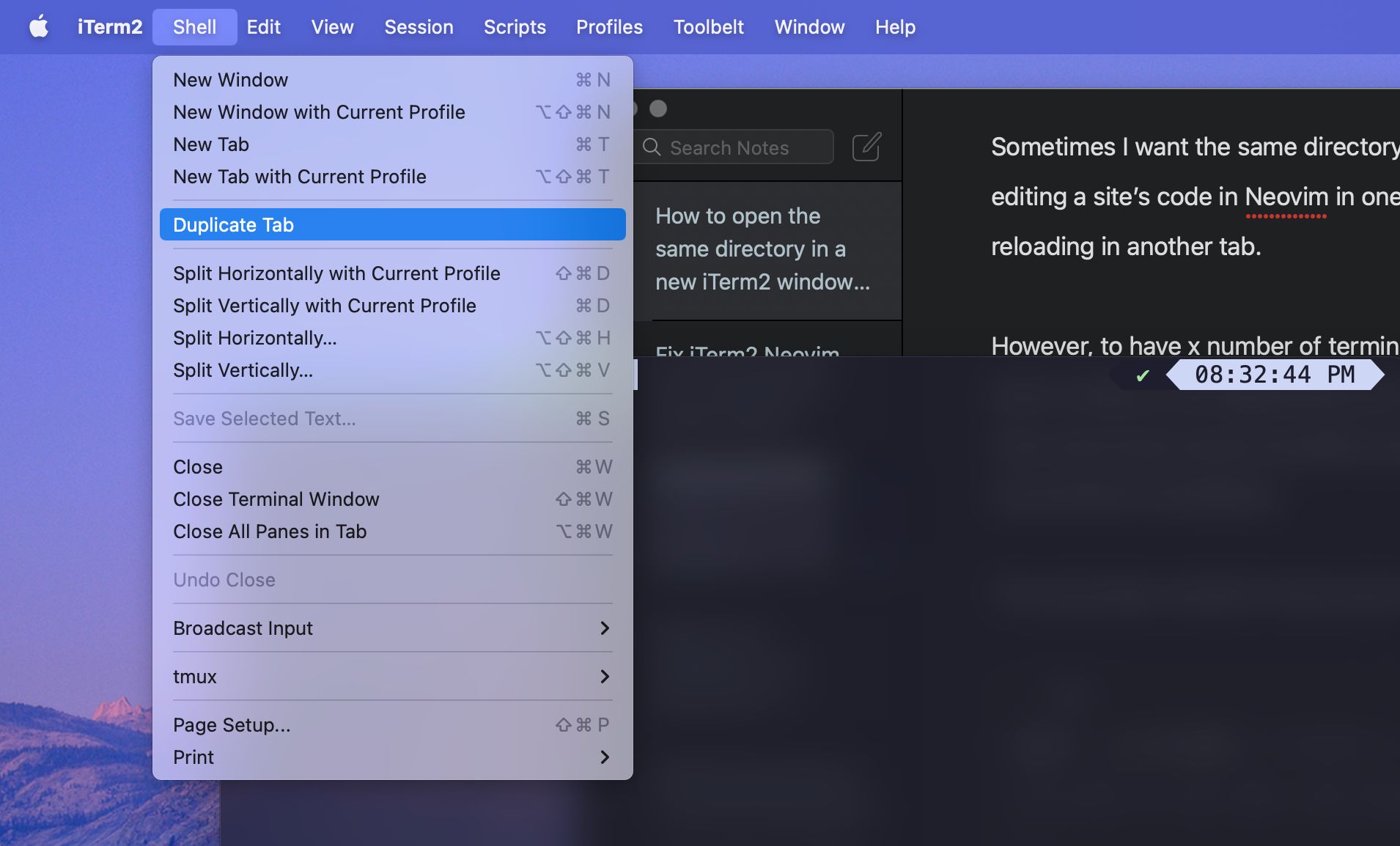 The menu option for duplicating an iTerm2 tab